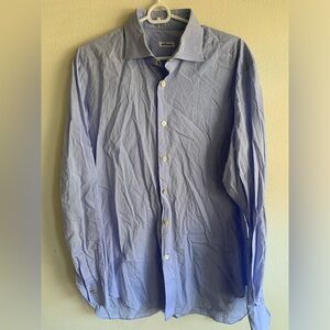 Kiton L Men’s Long Sleeve Dress Shirt 16.5 42 Italy Cotton Solid Blue